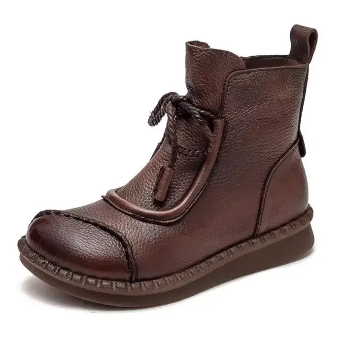 Bottes croisées ethniques en cuir pour femmes, bout rond, talon moyen, résistantes à l'eau, confortables et élégantes pour les occasions printemps-automne