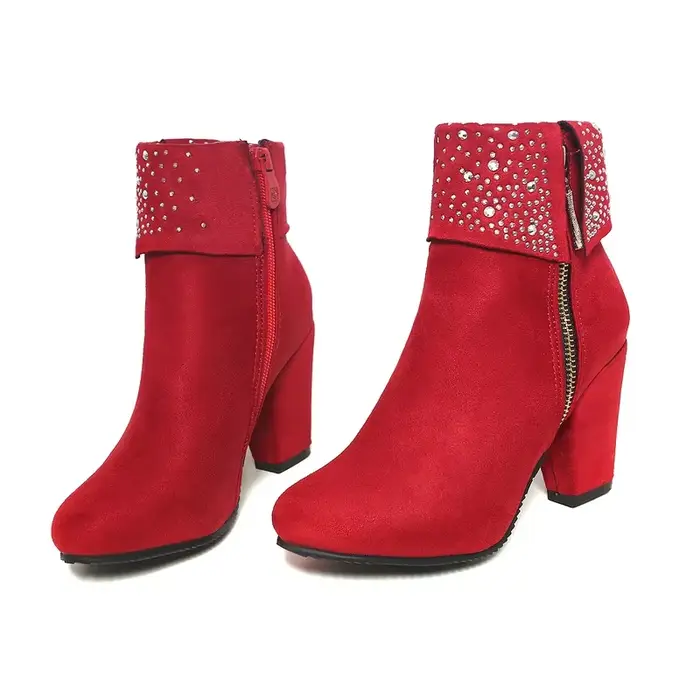 Bottines scintillantes pour femmes en flock avec strass cristal, talons hauts épais, chaussures chaudes d'hiver grandes tailles 32-47