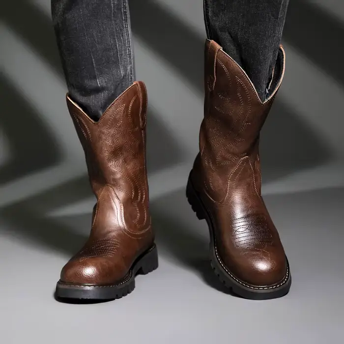 Bottes de chevalier vintage en cuir antidérapantes pour hommes, mi-mollet, talons en forme de fer à cheval, haute tige, printemps automne hiver, style éthnique, occassions spéciales, randonnées équestres, cadeaux mémorables