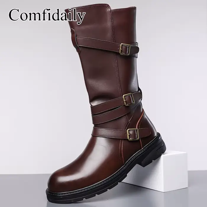 Chaînes noires hommes Chelsea bottes en cuir véritable homme mi-mollet