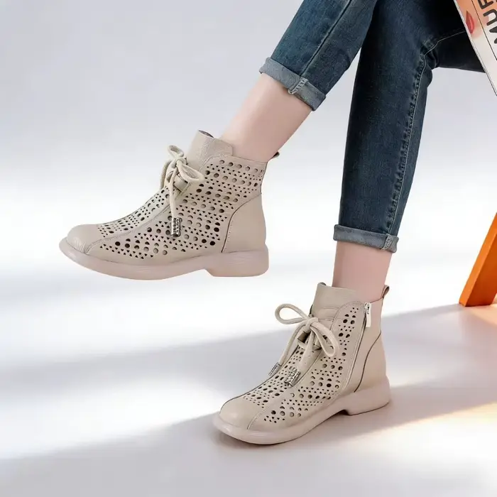 Bottines d'été en cuir véritable pour femmes, décontractées, respirantes, à découpes, avec fermeture éclair, pour toutes les occasions estivales