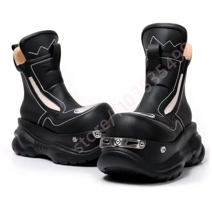 Bottes de moto en métal à bout rond et plateforme Punk pour femmes