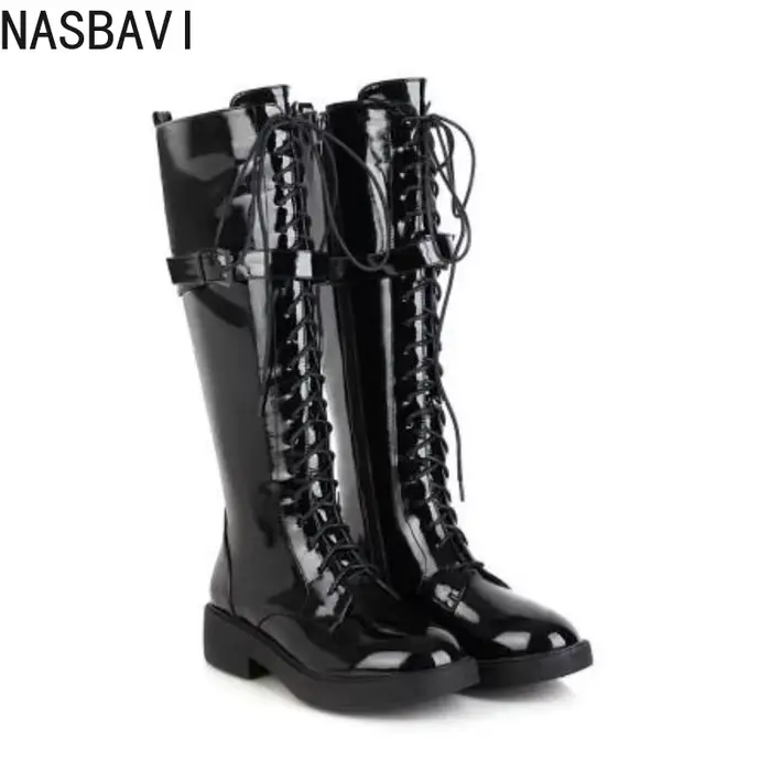 NASBAVI nouvelles Bottes longues pour femmes automne bout rond Bottes plates femme genou haut talon 
