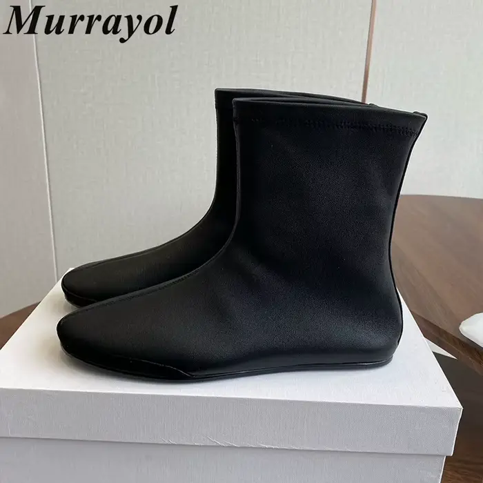Femmes doux en cuir véritable fond plat bottes courtes bout rond respirant cheville Botas dames auto