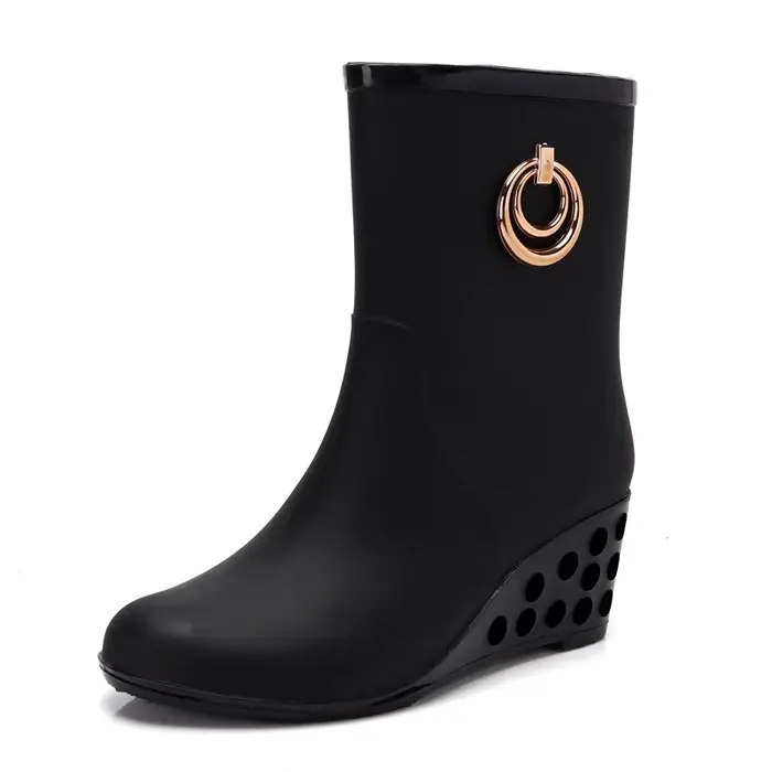 Bottes de pluie à talons compensés pour femmes, chaussures en caoutchouc imperméables avec fermeture
