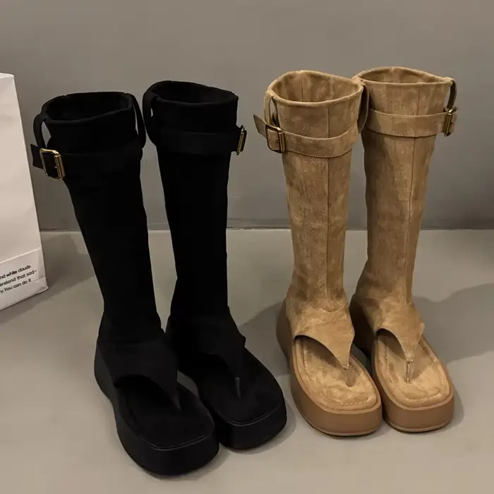 Bottes longues rehaussantes marron pour femmes, mi-mollet, bottes extensibles, tissu, semelle PVC, doublure en tissu en coton, pour toutes occasions, été 2025