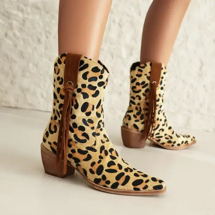 Bottines de Cowboy en fausse fourrure et léopard pour femme