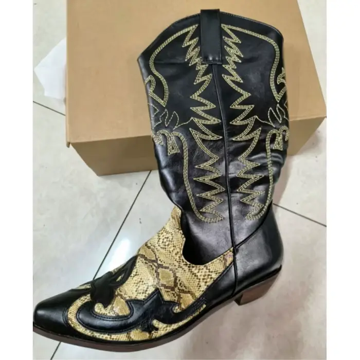 Bottes de cowboy brodées style western, rétro, à bout pointu, mi-mollet, pour hommes et femmes, à ta
