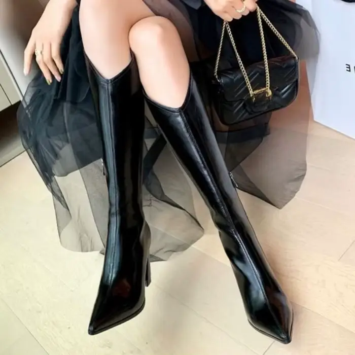 Bout pointu femmes bottes hautes hiver mode fermetures éclair latérales chaussons longs dames Sexy é