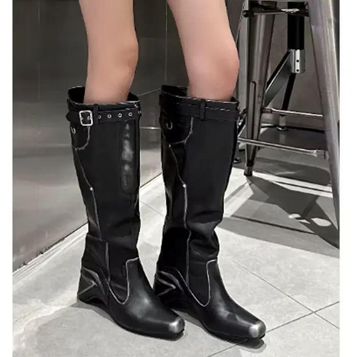 Bottes hautes irrégulières à talon compensé pour femme, style rétro western cowboy, avec boucle de c
