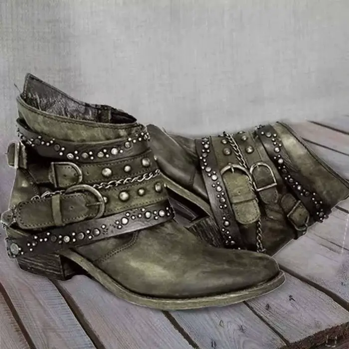 Bottes en cuir Vintage pour femmes, chaussures de Cosplay, Cowboy occidental, bottines Design à rive