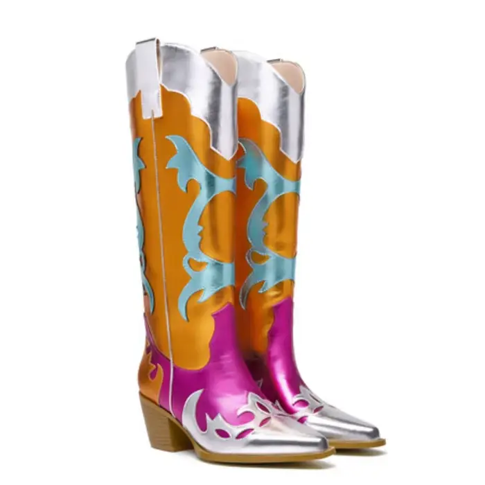 Bottes occidentales métalliques pour femmes à bout pointu, hauteur mi-mollet jusqu'aux genoux, desig