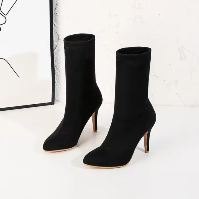 Botines Mujer mode couleur élastique bottines femmes bout pointu automne hiver talons hauts chaussur