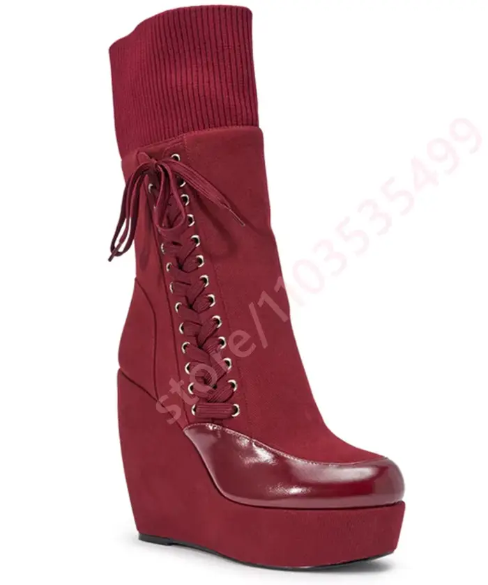 Nouvelles Bottines Compensées à Plateforme en Tricot Bordeaux 2026 pour Femme, à Lacets Latéraux, Bo