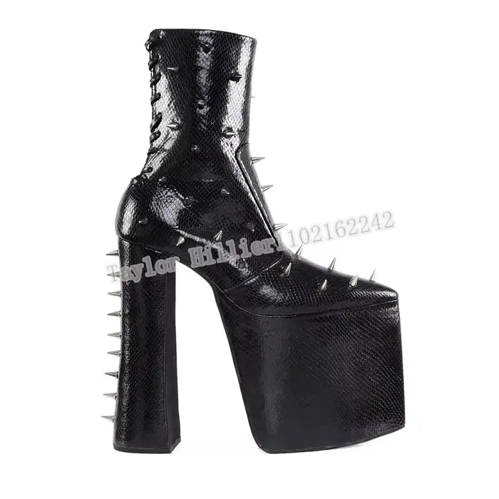 Bottines à plateforme Spike pour femmes, noires, texture serpent, talon épais, lacets, fermeture écl