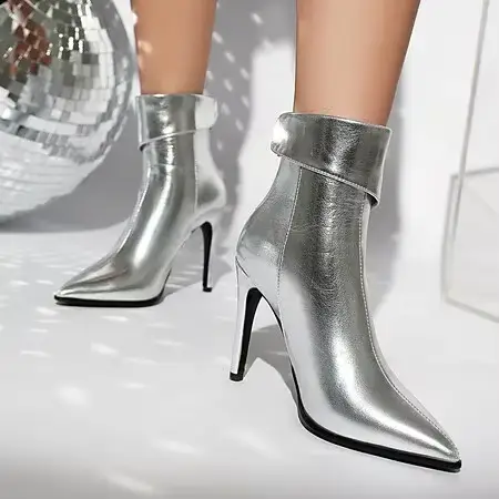 Bottes de rinçage de luxe pour femmes, bottes courtes noires et argentées, talons fins, chaussures d