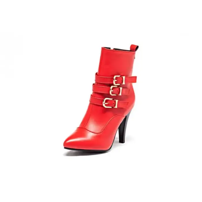 Femmes bottes cheville mode ceinture boucle bout pointu côté fermeture éclair talons aiguilles automne hiver chaud en peluche plate-forme chaussures T051