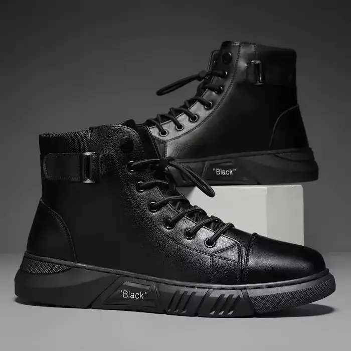 Bottines en cuir PU noir pour hommes, chaussures de sport, confortables, montantes, décontractées, à