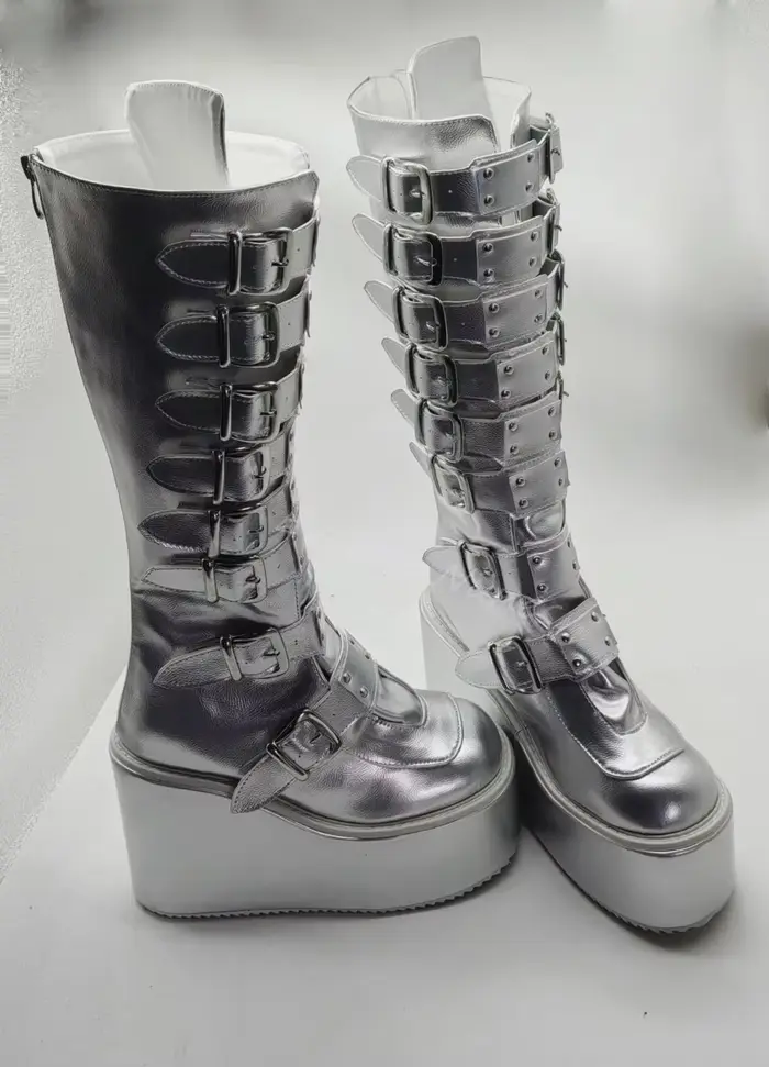 Bottes à Plateforme Argentée Compensées au Genou pour Femme