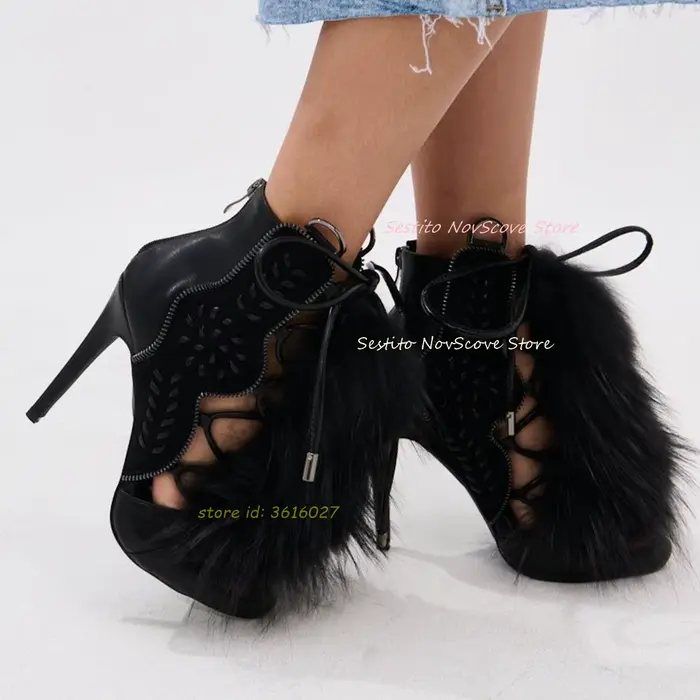 Bottines noires en fourrure à bout ouvert, découpes, couleurs mélangées, sandales brodées à lacets, 