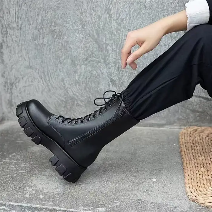 Bottes pour femmes mode bottes en cuir haut à lacets plate-forme botte côté fermeture éclair bottine