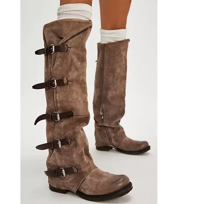 Bottes hautes décontractées vertes à multiples boucles et talons bas pour femme