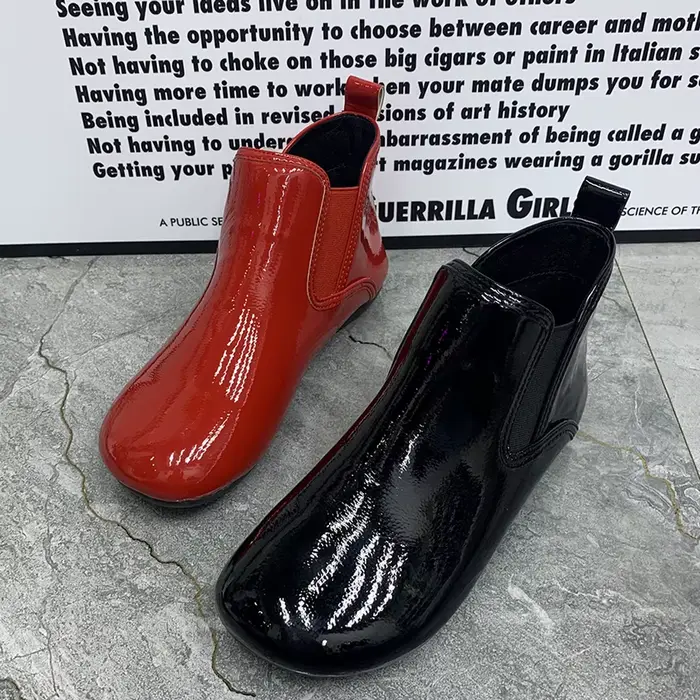 Bottes de neige coordonnantes en cuir verni pour femmes, chaussures plates en peluche, imperméables, chaudes, fourrure, décontractées, hiver, bottes chelsea, occassions spéciales