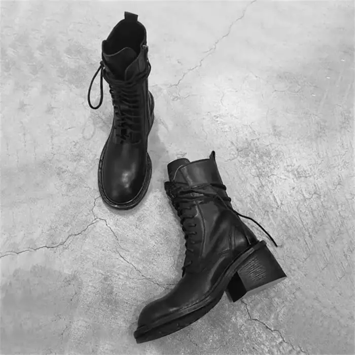 2025 hiver marque de haute qualité Chic Cool bottines femmes mode noir bloc talons à lacets fermeture éclair motos bottes chaussures