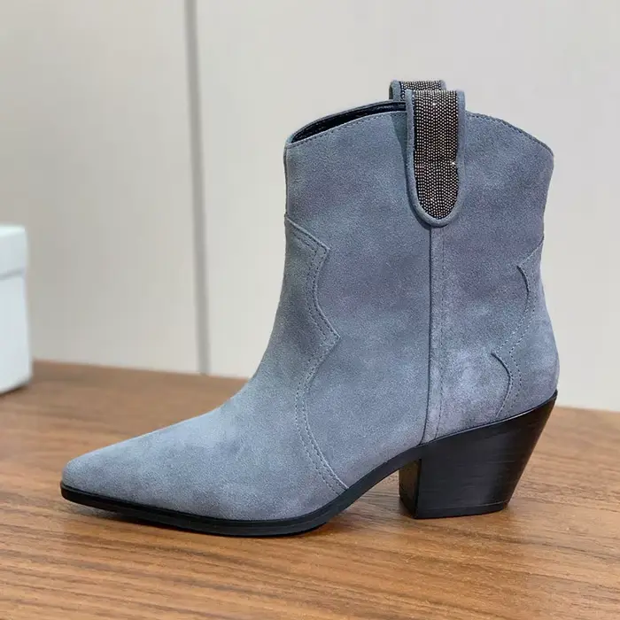 Bottes mi-mollet à talons hauts épais pour femmes, bout pointu, en daim, chaîne métallique, décor de