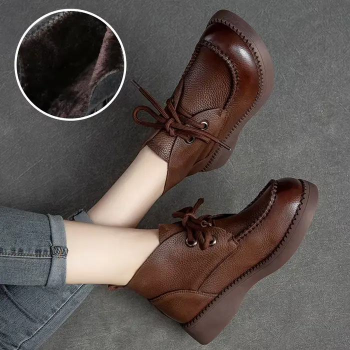Bottes de rinçage rétro en cuir pour femmes, à lacets, haut, chaud, peluche, bottes courtes, décontr