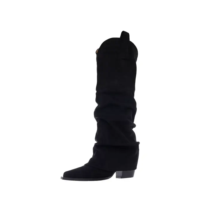 Ods – bottes Chelsea en daim rouge, talon carré de 7cm, bottes mi-longues plissées pointues, jupe de