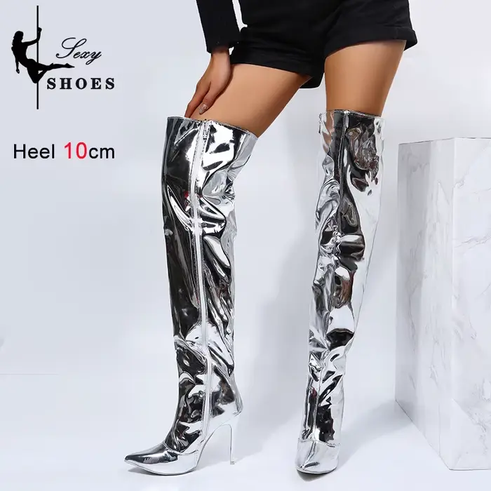 Talons bottes longues femmes automne hiver sur le genou exy argent miroir cuissardes T Show bout pointu décontracté Club chaussures de fête