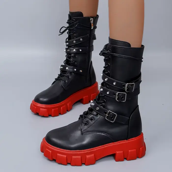 Bottes de luxe en cuir Pu pour femmes, mi-mollet, Punk gothique, motard, chaussures à fermeture écla
