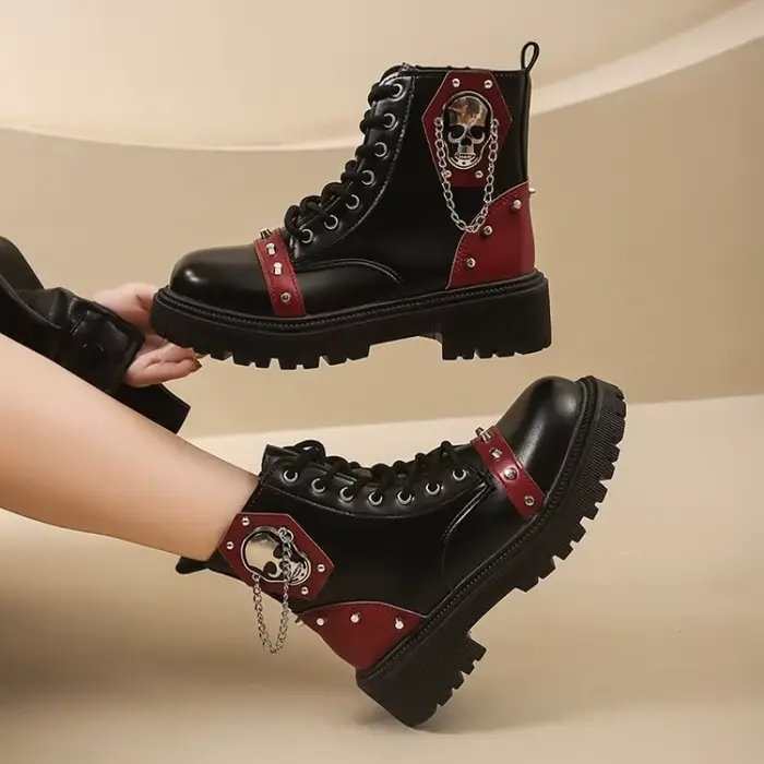 Bottes punk femme bout rond à lacets talon moyen en cuir pour hiver et sorties nocturnes