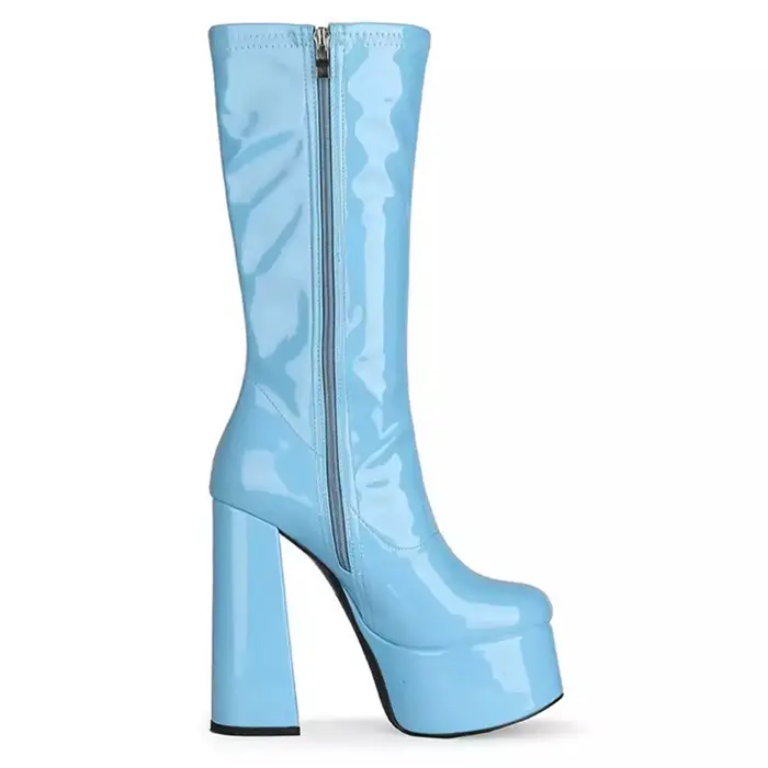 SIMLOVEYO marque plate-forme bloc talons hauts en cuir verni mi-mollet bottes couleur grande taille 