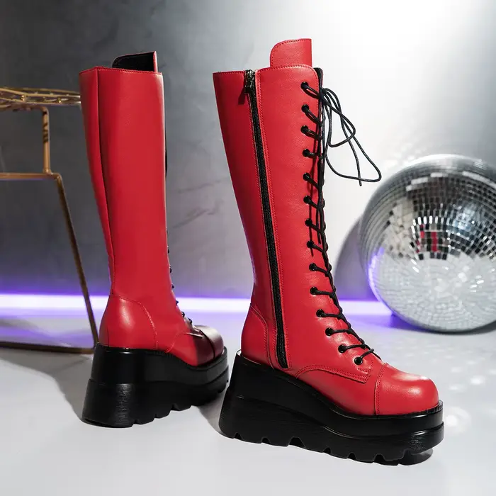 Punk bottes longues pour femmes compensées Cosplay chaussures marque sur le genou bottes rouge haute