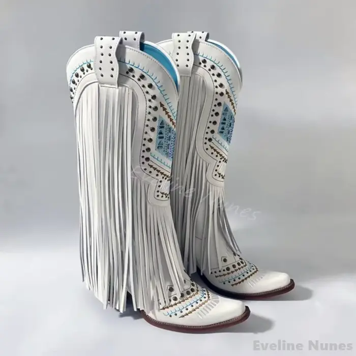 Bottes rétro à franges en biscuits brodées pour femmes