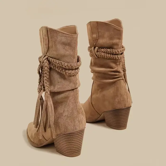 Bottes hautes en daim à franges pour femmes