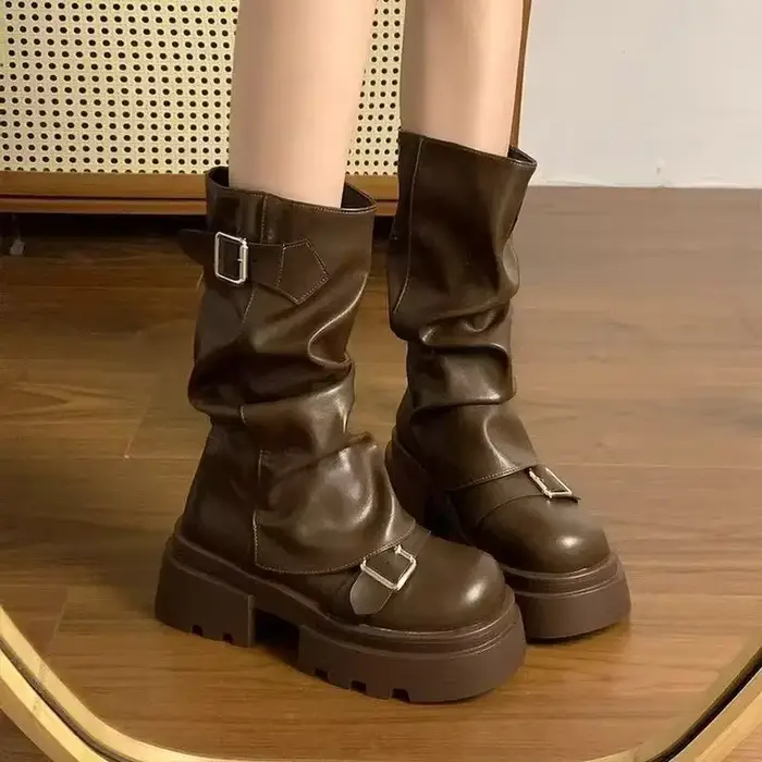 Chaussures pour femmes mi-mollet bottes pour femmes plate-forme bottes modernes femmes boucle de cei