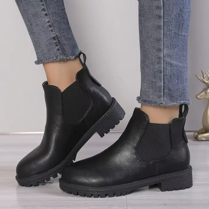 Bottines Chelsea décontractées à bout rond pour femmes, bottes courtes en cuir PU noir, confortables