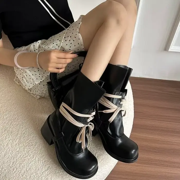 Nouveau luxe rétro mat Style Punk avant à lacets mi-mollet dame bottes bout rond plate-forme tout-Match chaussures