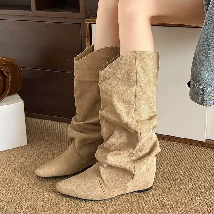 Kaki Faux daim mi-mollet bottes pour femmes 2025 mode bout pointu plissé