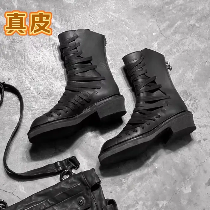 Bottes de chevalier mi-mollet pour hommes, style mode, noires, à lacets croisés sur le côté, bout ro