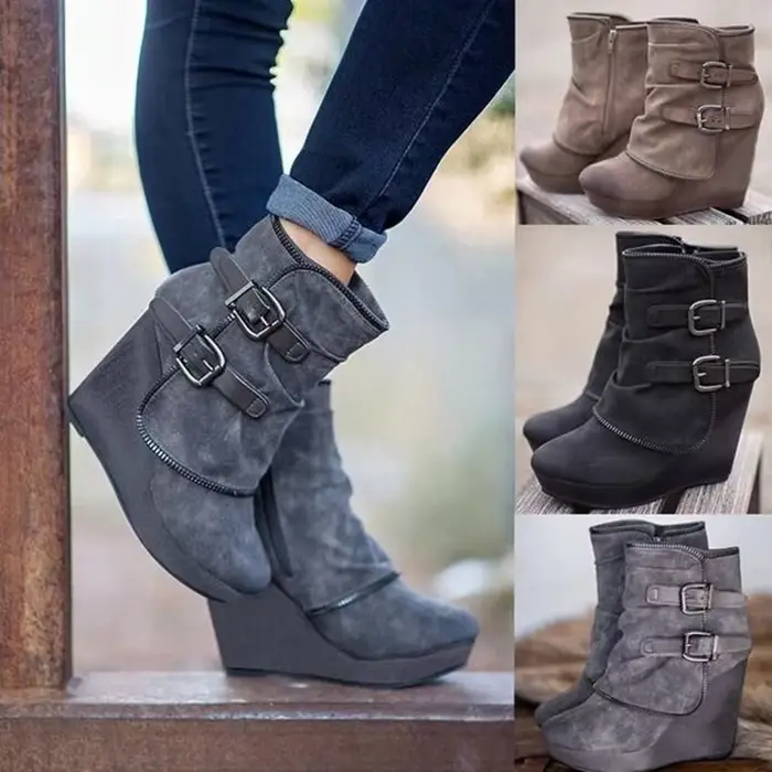 Bottes courtes compensées en daim avec fermeture éclair pour femmes