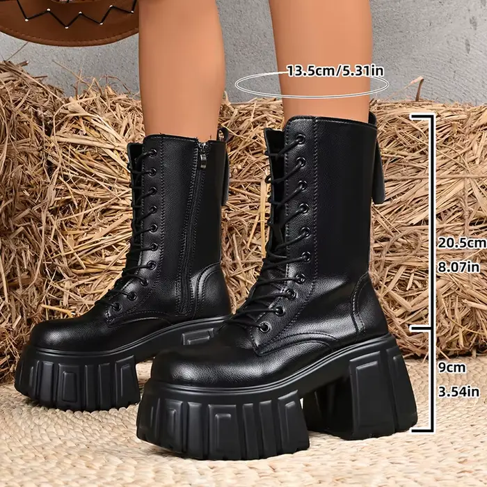 Bottes de Combat à plateforme et talons épais pour femmes, Style gothique Punk, bottes de moto noire
