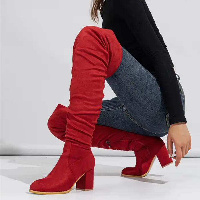 2025 automne hiver noir marron sur le genou bottes femmes Sexy bout pointu fermeture éclair cuisse haute chaussures talons carrés chaussons Femme
