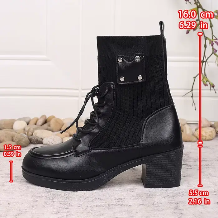 Bottines Vintage à talons épais pour femmes, bottes courtes en tricot noir, bout rond, talons hauts,