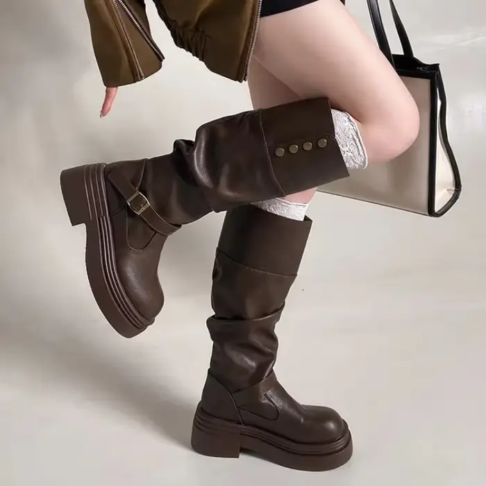 Bottes hautes pour femmes en synthétique avec revers pliables pour style de rue printemps automne occassions multiples occasions spéciales