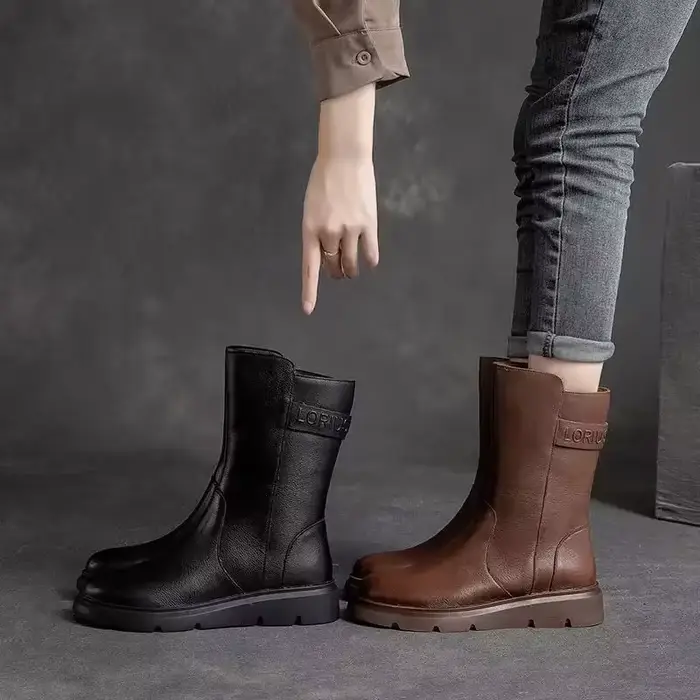Bout rond femmes demi bottes hautes élégant mode dames mi-mollet chaussures concepteur de luxe qualité
