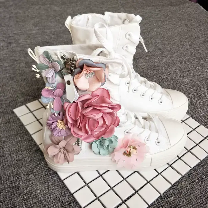 Bottes longues en toile pour femmes, chaussures plates 3D faites à la main, baskets décontractées à 